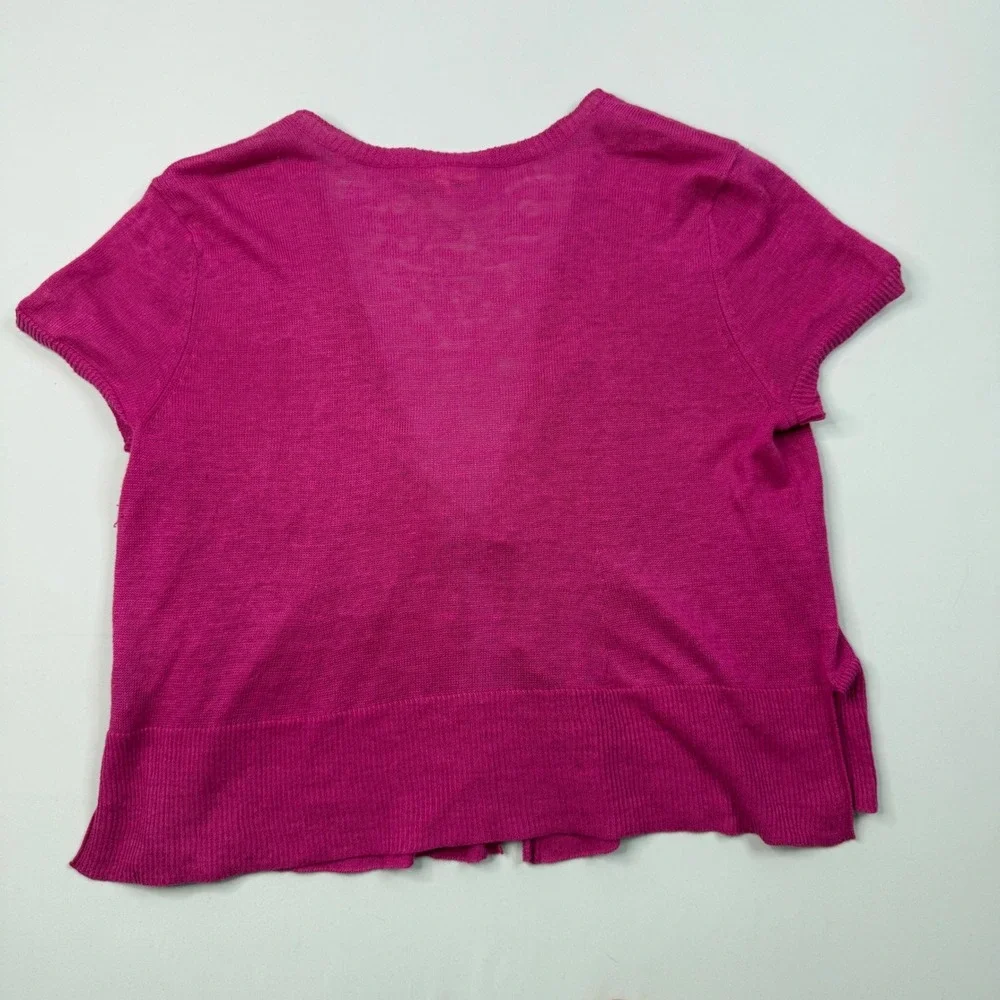 Eileen Fisher Linen Tie Front Cardigan Womens Medium Magenta‎ Pink Short Sleeve